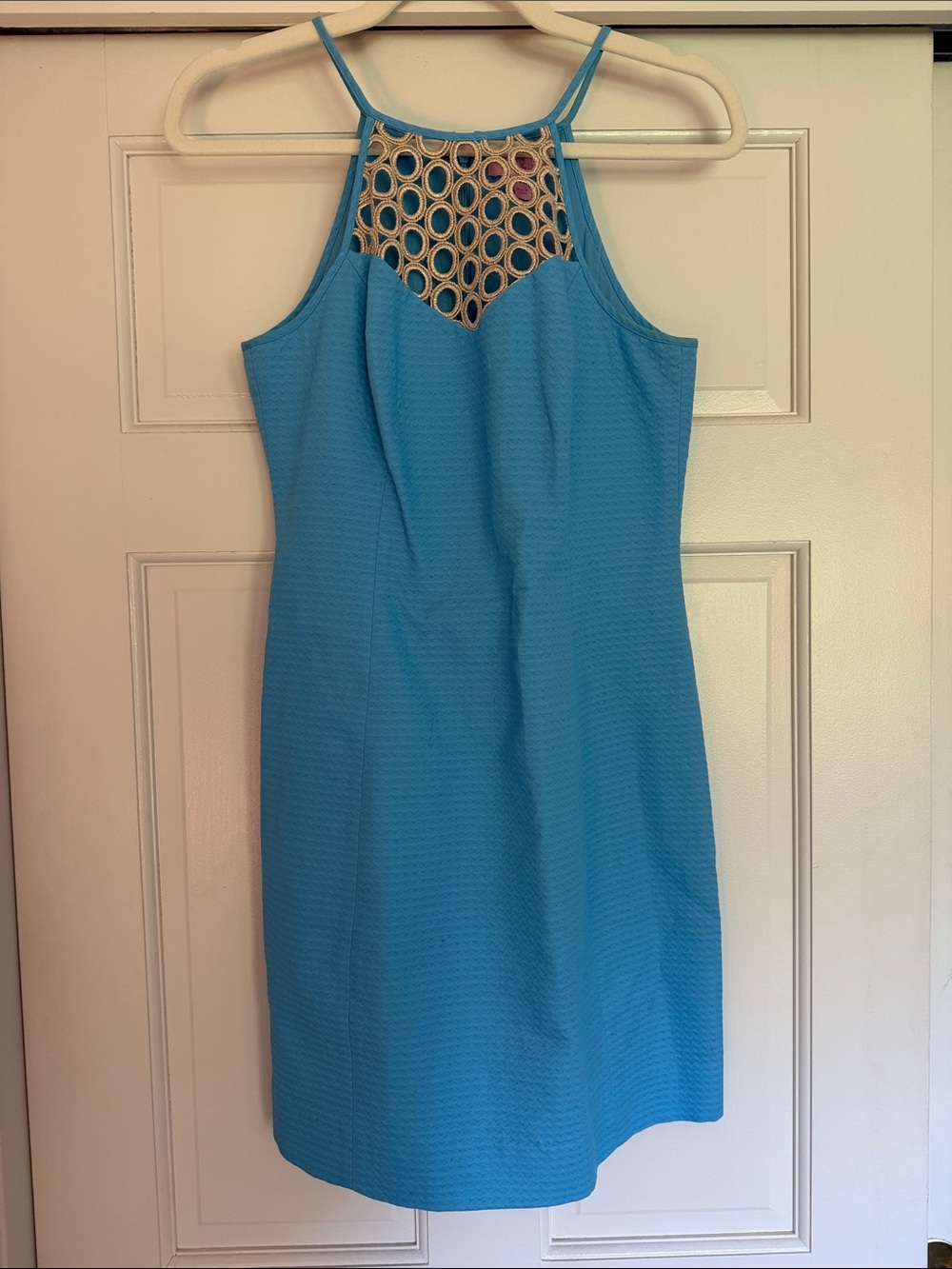Lilly Pulitzer Blue Halter Dress with Gold Crochet Yoke